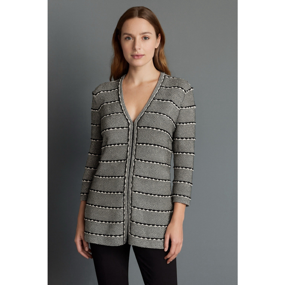 St.John Collection Marie Gray Black White Striped Knit Cardigan Jacket Sz S